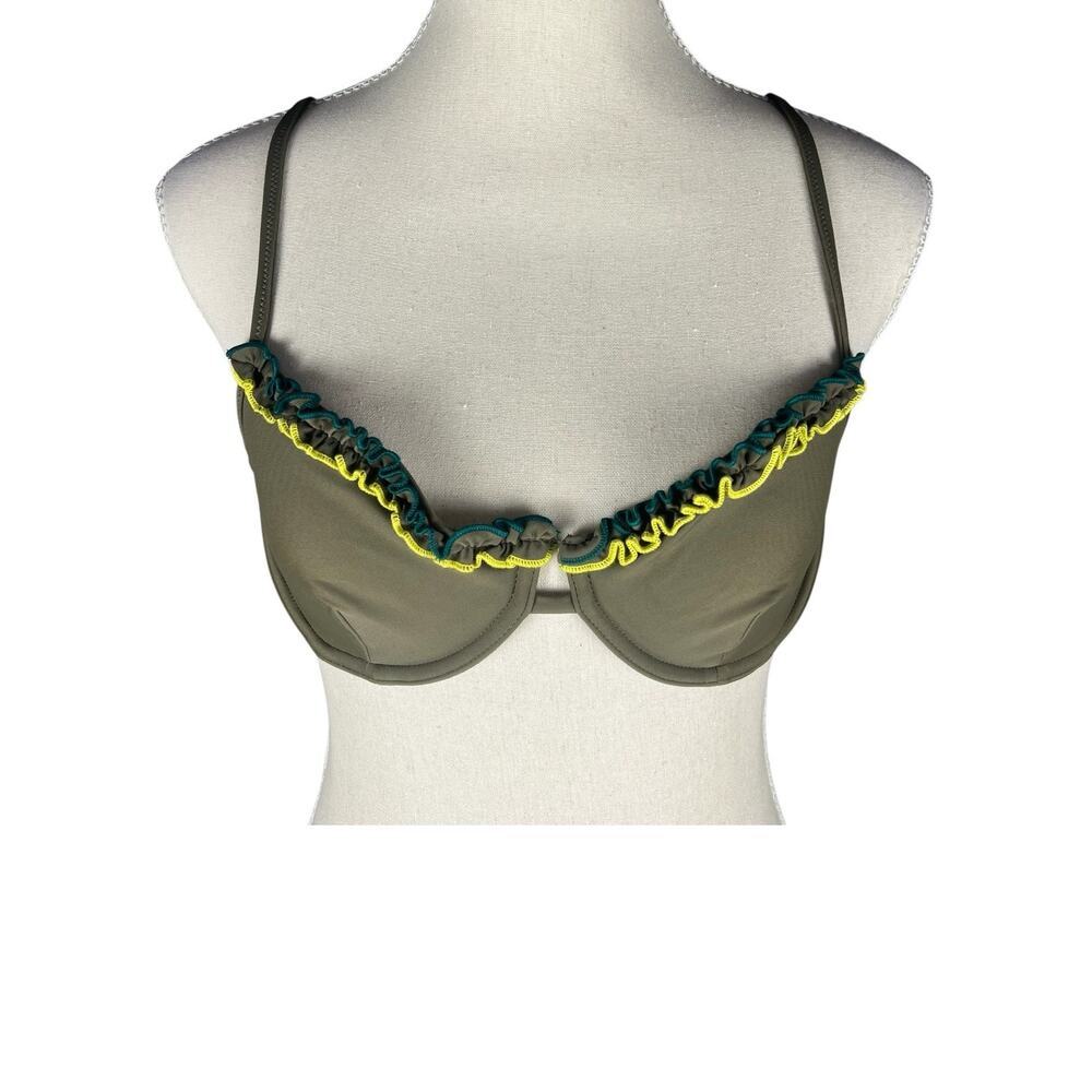 Something Navy Daffodil Ruffle Bikini Top Olive Underwire Swim Top Medium NWT